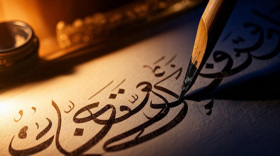 Reed pen writing Arabic calligraphy